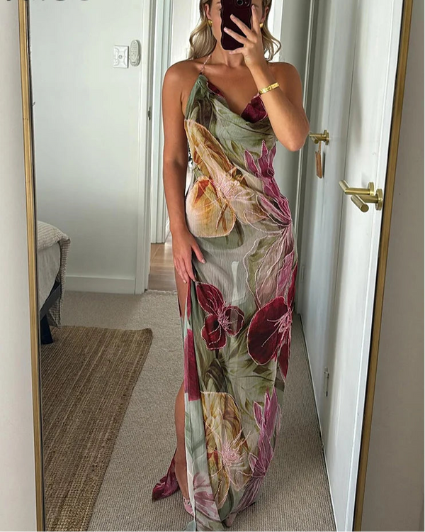 Women's Floral Print Backless Halter Split Thin Maxi Dress