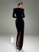 Women's V-neck Long-sleeved Black Velvet Maxi Dress