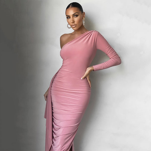 Women's Temperament Slim Fit Pleated One Shoulder Long-sleeved Maxi Dress