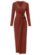 Women's V-neck Solid Color Kink Waist Long Sleeve Dress