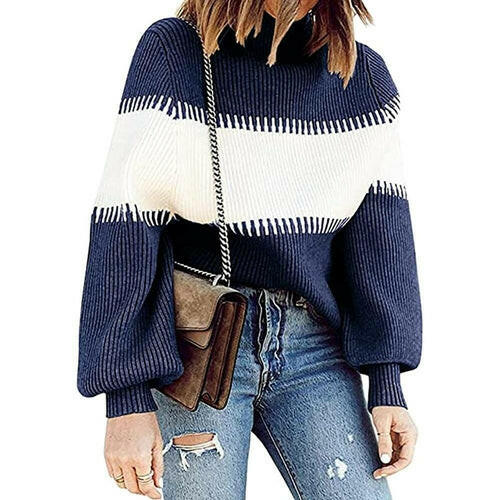 Hit Color Patchwork Women Long Sleeve Sweater