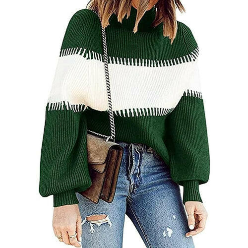 Hit Color Patchwork Women Long Sleeve Sweater