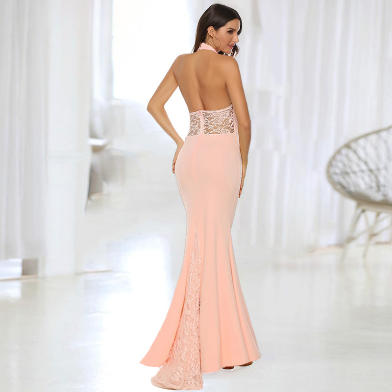 Women's Halter Backless Lace Long Dress