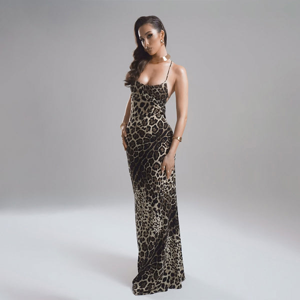 Women's Leopard Print Backless Lace Up Maxi Dress