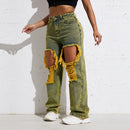 Women's Yellow Ripped Split Loose Straight Jeans