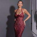 Women's Burgundy Strap Lace Tight Dress