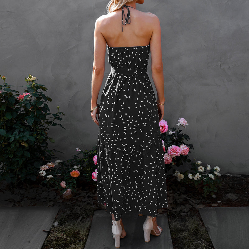 Women's V-Neck Strap Polka Dot Long Sun Dress