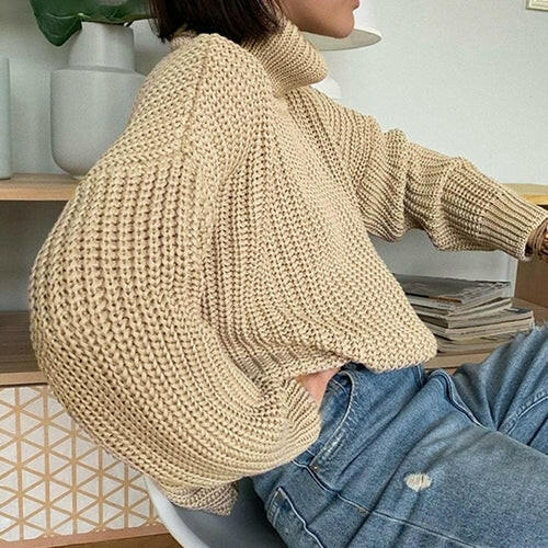 Khaki Women Sweater Turtleneck Long Sleeve Knitted Pullover