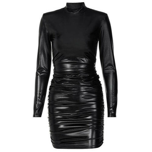 PU Leather Mini Dress – Ruched Turtleneck Bodycon Bandage