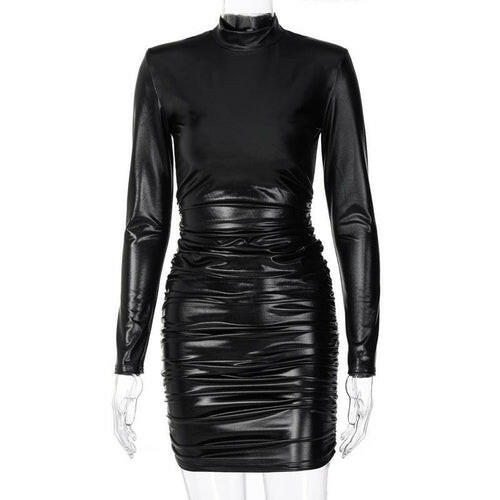 PU Leather Mini Dress – Ruched Turtleneck Bodycon Bandage