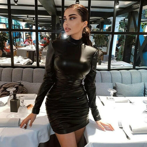 PU Leather Mini Dress – Ruched Turtleneck Bodycon Bandage