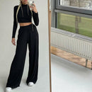 Loung Wear Long Sleeve Crop Top And Loose Pant Set