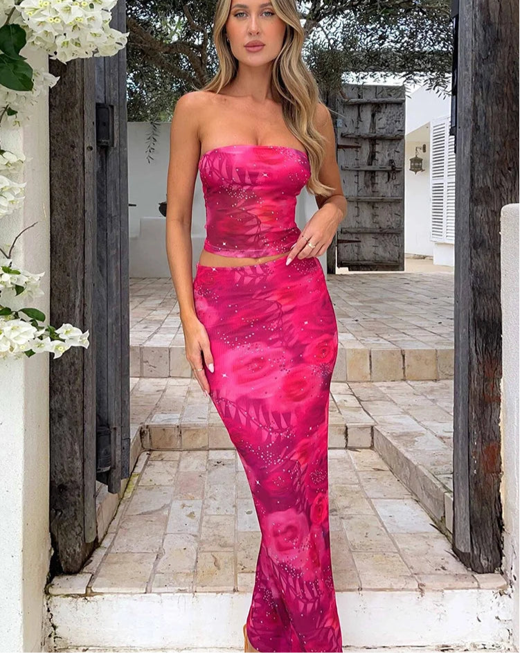 Women's Elegant Strapless Gradient Print Two Piece Sets