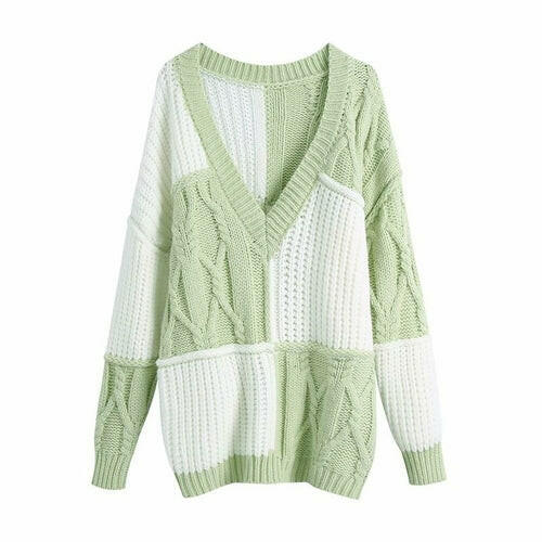 Women Crocheted V Neck Green White Patchwork Sweaters