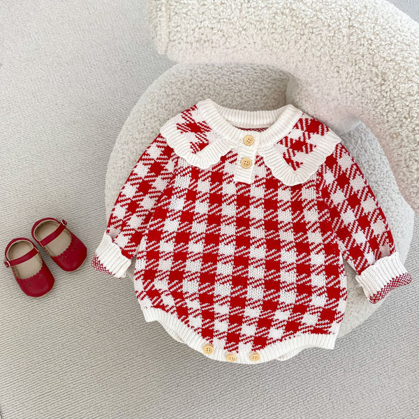 Infant Red Houndstooth Cotton Yarn Knitted Triangle One Piece