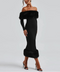 Women's Fur Shoulder And Bottom Solid Slim Maxi Dress