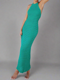 Women Long Halter Neck Solid Color Knit Dress