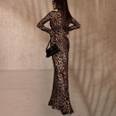 Women's Round Neck Leopard Print High Waist Slim Fit Dress