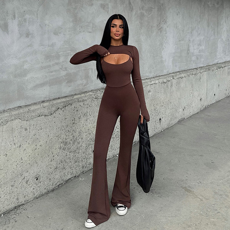 Women's Round Neck Long Sleeve Backless Tight Jumpsuit + Long Sleeve Top Set