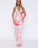 Women’s Lace Halterneck Floral Backless Maxi Dress