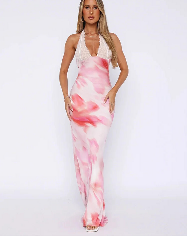 Women’s Lace Halterneck Floral Backless Maxi Dress