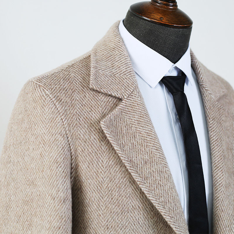 Men's Woolen Overcoat Mid-length Herringbone Pattern Coat