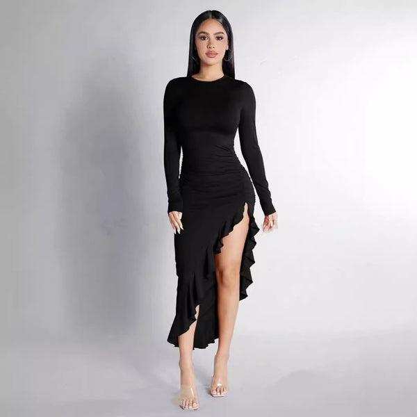 Women's Round Neck Long Sleeve Slim Solid Color Frill Split Ruffled Maxi Dress