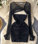 Women’s Slim Sheer Hollow Out Long Sleeve Mesh Ruched Chic Bodycon Dress