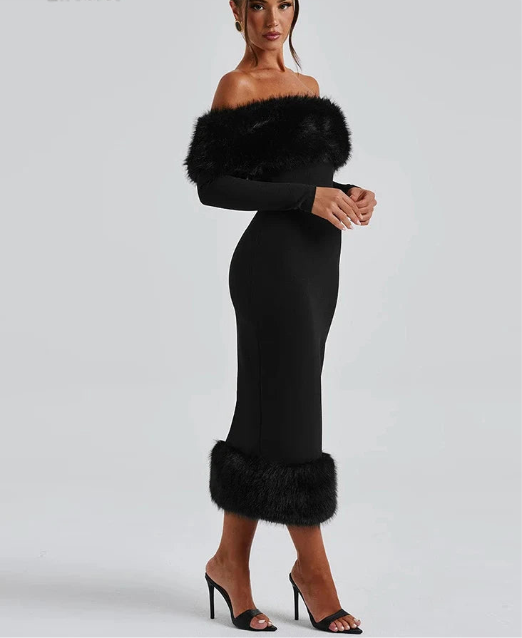 Women's Fur Shoulder And Bottom Solid Slim Maxi Dress