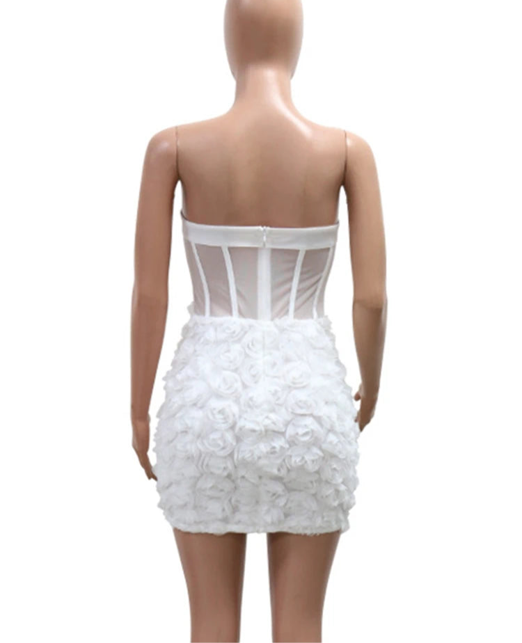 Women’s Off Shoulder Flower See Through Strapless White Mini Dress