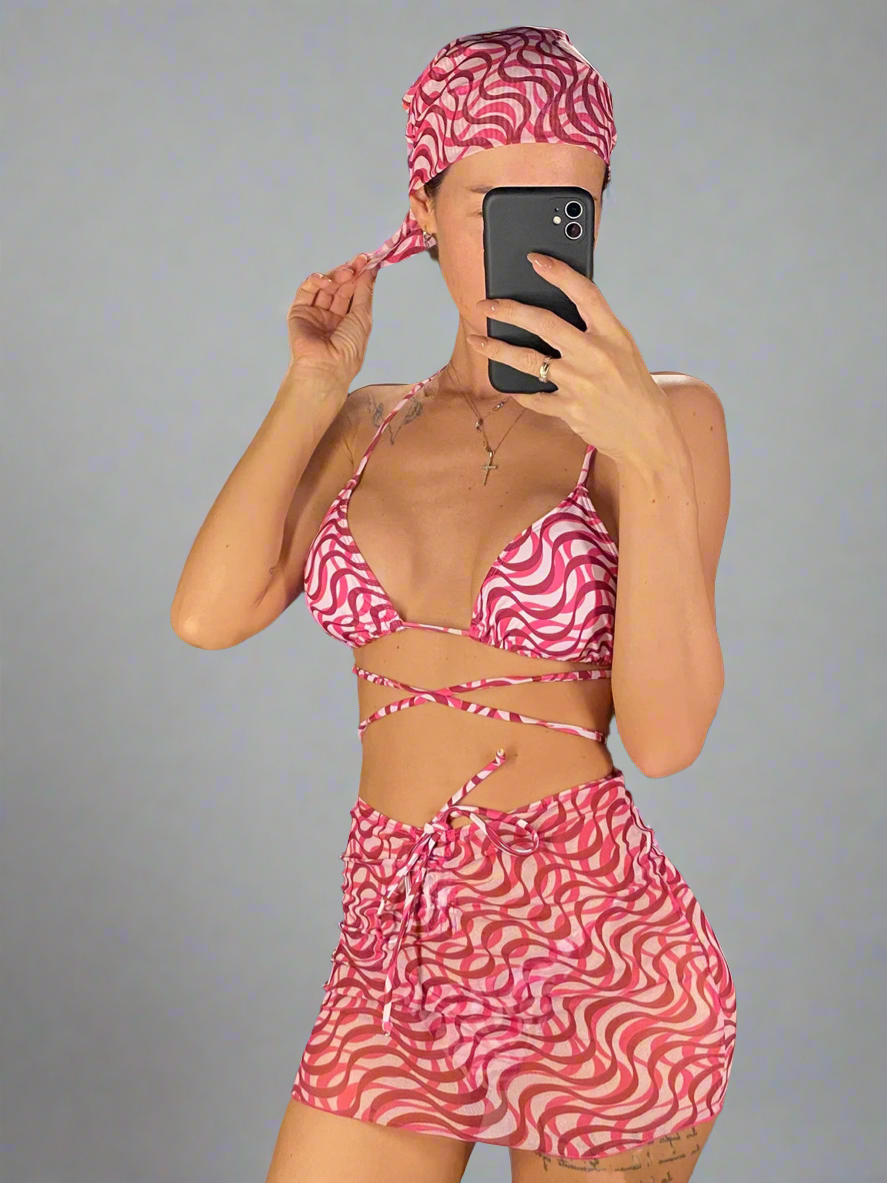 Women Four-pieces Skirt Hairband Printed Wrap Around Bikini set