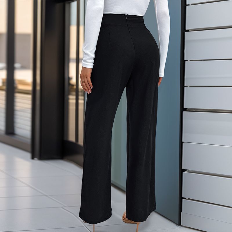 Women's Solid Color With Buckle High Waist Straight Pants