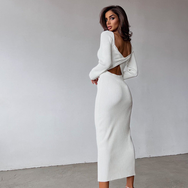 Women's Solid Color Long Sleeve Elegant Slim Fit Hollow Backless Two-way Dress