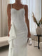 Women's White Ruffled Slit Suspender Maxi Dress