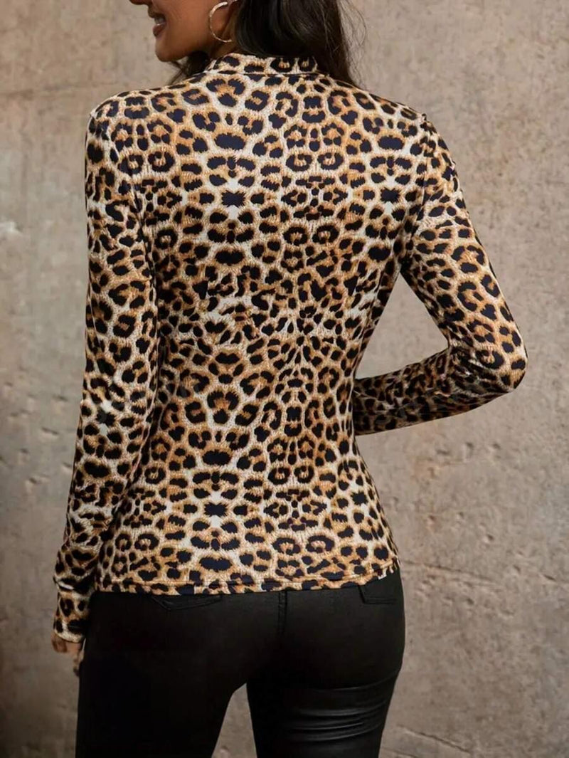 Women's Slim Leopard Hollow Long-sleeve Blouse Top