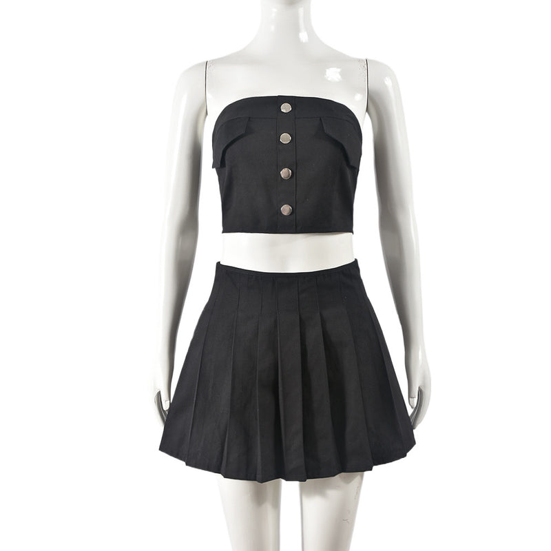 Women's Strapless Pleated Zippered Short Skirt + Top Button Top Set