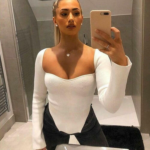 Square Neck Long Sleeve Sexy Women Sweater