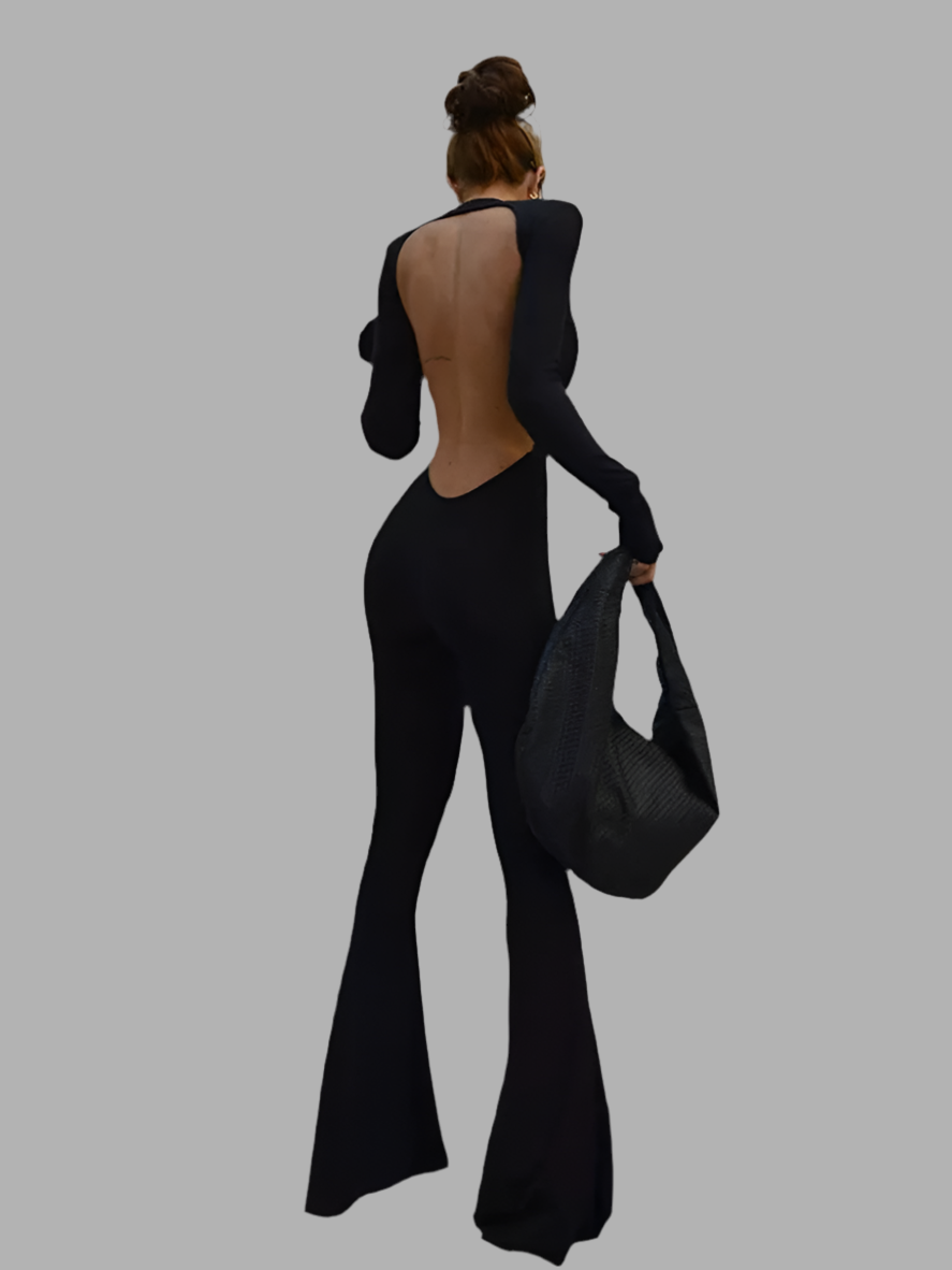 Women Solid Black Backless Bodycon Wide Leg Jumpsuit