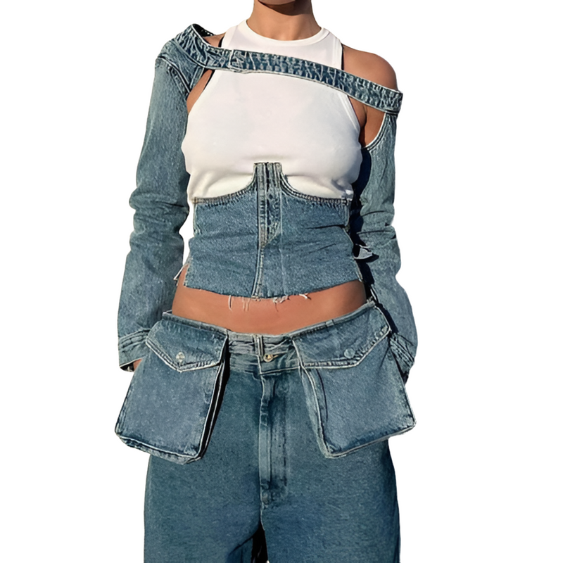 Back Bandage Jeans Crop Short  Slim Bodycon Denim Bustier Top