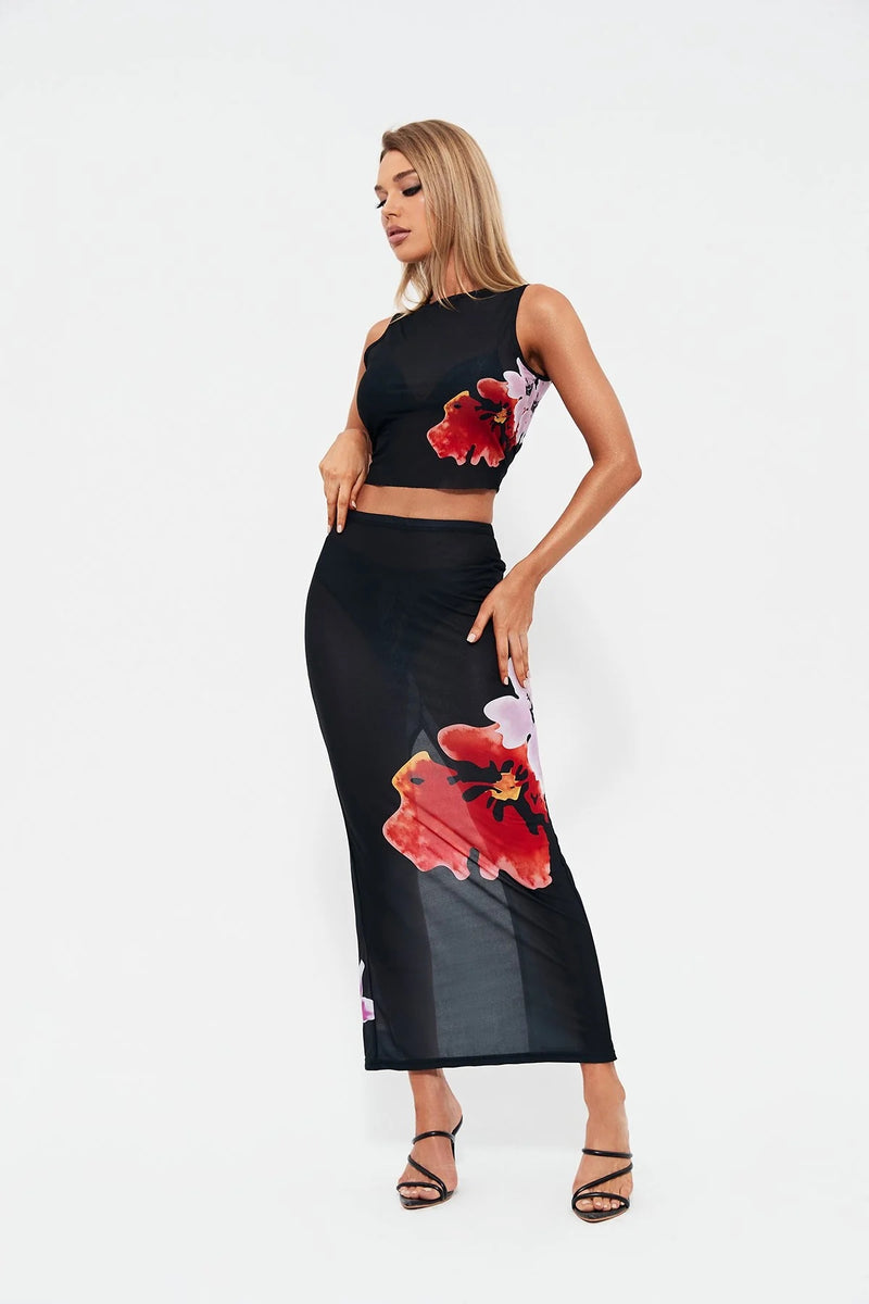 Women's Sleeveless Printed Top + Hip Slit Skirt Set