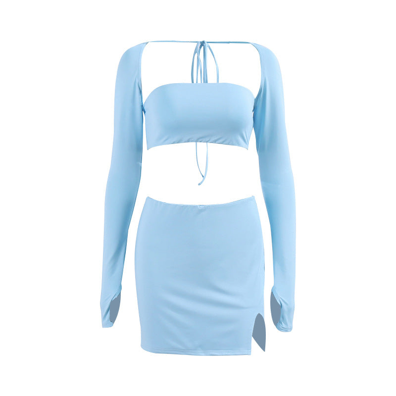 Women's Square Collar Lace Up Midriff-baring Top And Hip Skirt Two-piece Set