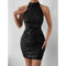 Women Halter Pleated Sequins Tight Mini Dress