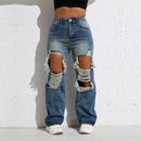 Women's Blue Ripped Stright Leg Jeans