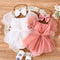 Girls Solid Color Puff Sleeve One Piece Dress And Headband