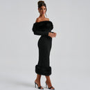 Women's Fur Collar Off-neck Long Sleeve Elegant Slim Fit Dress