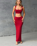 Woman's Low Neck Camisole Crop Tops+Low Waist Splits Skirt Sets