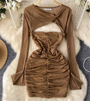 Women’s Slim Sheer Hollow Out Long Sleeve Mesh Ruched Chic Bodycon Dress