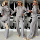 Women's Solid Color Hooded Long Sleeved Hoodie Wide Leg Pants Tracksuit Set