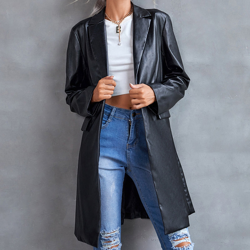 Women's Leather Slim Long-sleeved Windbreaker Coat