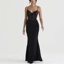 Women's Lace High Waist Deep V Strap Fishtail Long Dress